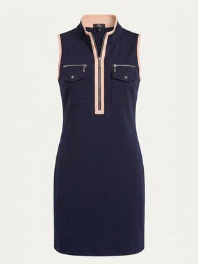 Orly Navy Pink Contrast Trim Zip Front Shift Dress Sleeveless Knee Length M
